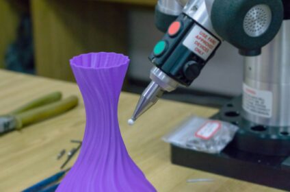 3D Measurements device measures 3D printed plastic part. 3D scan measurement workpiece. 3D