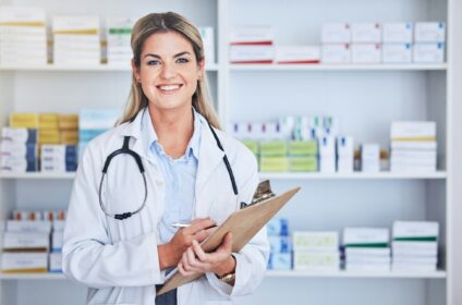 Doctor, pharmacy checklist and employee portrait in pharmaceutical clinic, medical supply store and