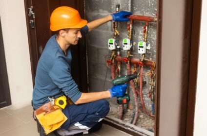 plumber installing pressure meter for house heating system