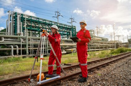 Team survey construction engineer with safety jacket use level survey camera. Engineer
